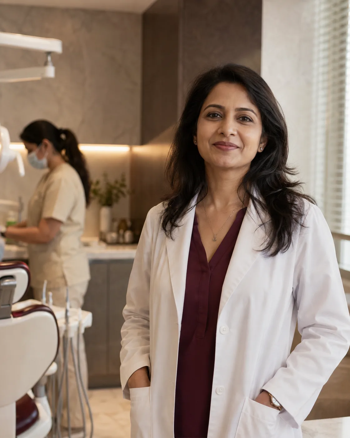 A dentist standing in a warmly lit treatment studio